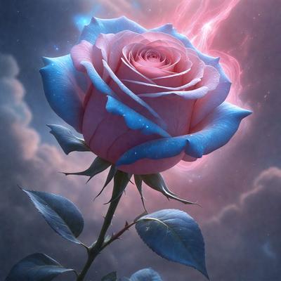 The primary subject of the image is a single blue rose with a pink center, sitting on a stem. The setting is a cloudy sky, and the visual style appears to be a digital art or illustration. The dominant colors are blue and pink, creating a serene and calming atmosphere.